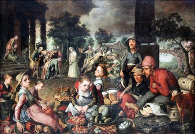 Marktscène met Christus en de overspelige vrouw door Pieter Aertsen